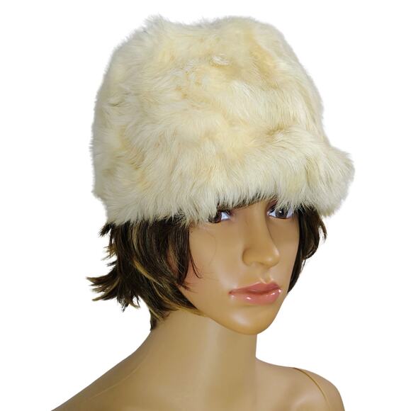 1950s Cream Real Rabbit Fur Tall Pillbox Cossack Russian Winter Hat - Picture 1 of 10